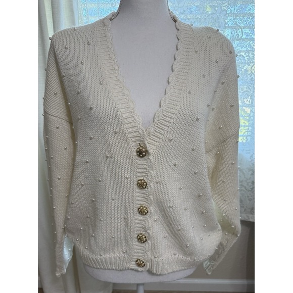 Vtg Knit Cardigan Retro Academia Granny Sweater Cottage Shabby Pearls Large - Picture 3 of 16